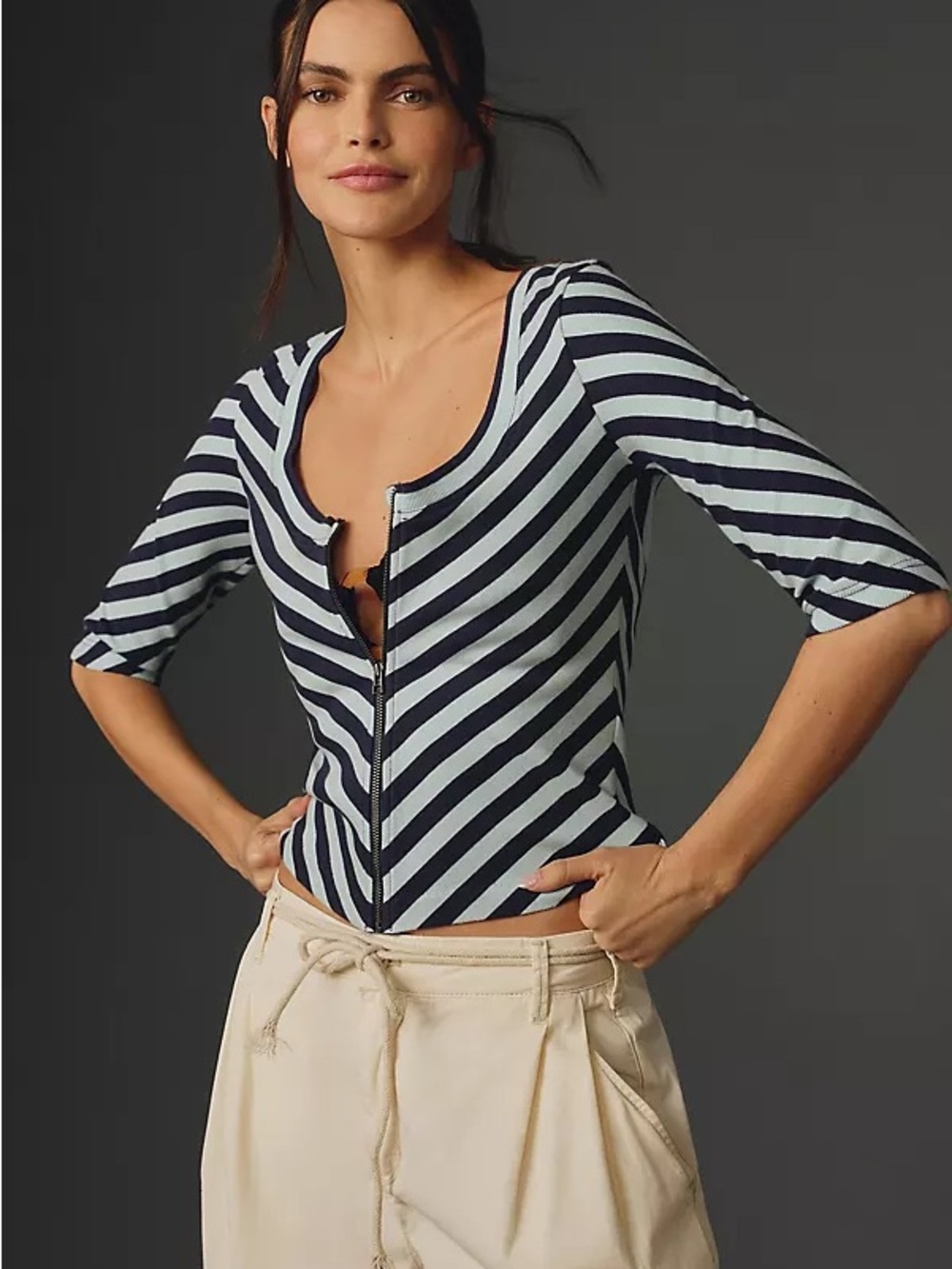 Anthropologie Maeve | NWT Navy and Light Blue Diagonal Stripe Zip-Front Top
